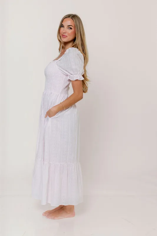 Abigail Smocked Eyelet Lace Maxi Dress in Pink Salt made by Inloom