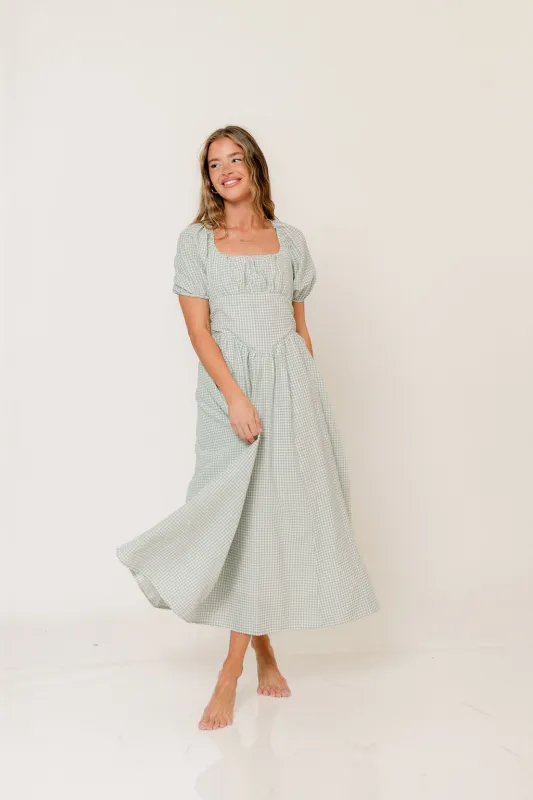 Briana Gingham Basque Puff Sleeve Maxi Dress in Lily Pad made by Inloom