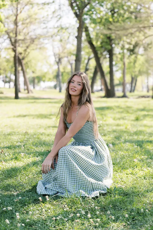 Elsie 100% Cotton Gingham Maxi Dress in Green made by mioumuse