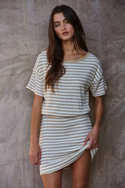 Liora Striped Mini Dress in Taupe/White made by By Together