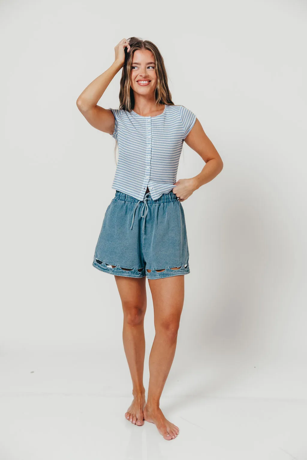 Linny Striped Ribbed Button Front Top in Blue/White sold by Worth Collective product image thumbnail 2