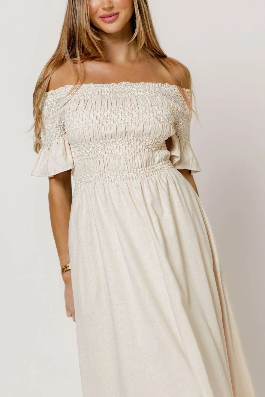 Santorini Sunset Off Shoulder Maxi Dress in Oatmeal sold by Worth Collective product image thumbnail 2