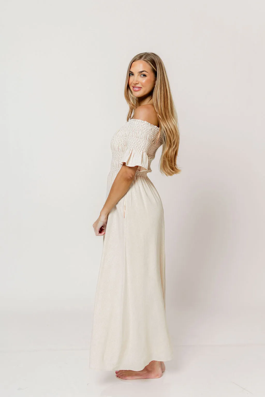 Santorini Sunset Off Shoulder Maxi Dress in Oatmeal sold by Worth Collective product image thumbnail 3