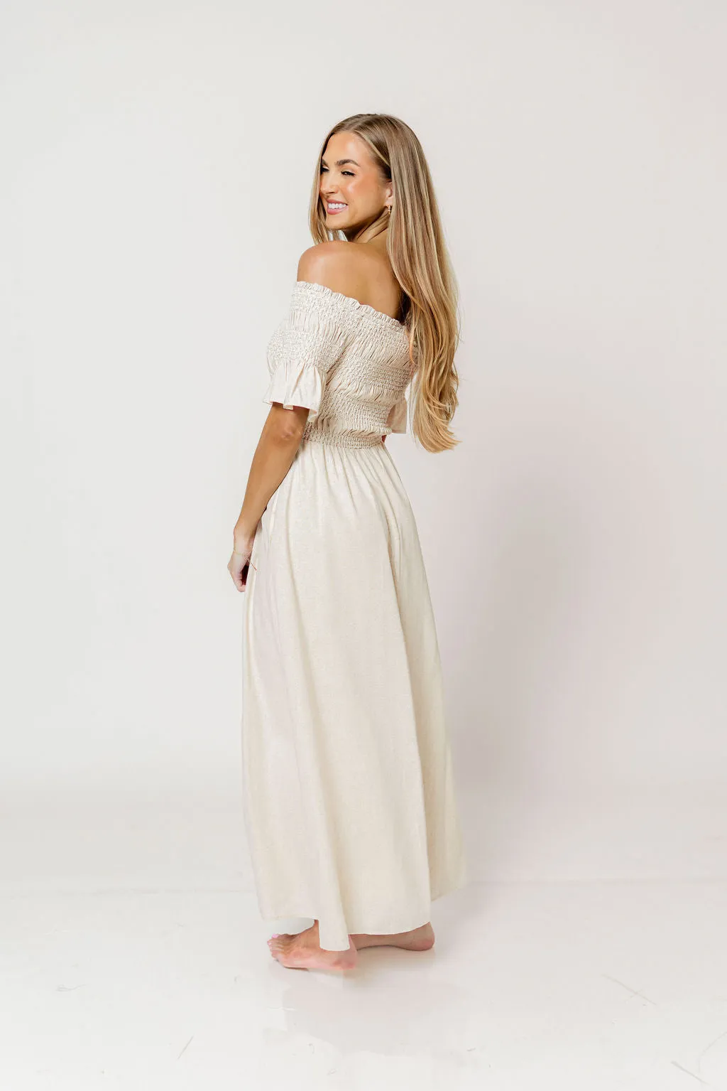 Santorini Sunset Off Shoulder Maxi Dress in Oatmeal sold by Worth Collective product image thumbnail 5