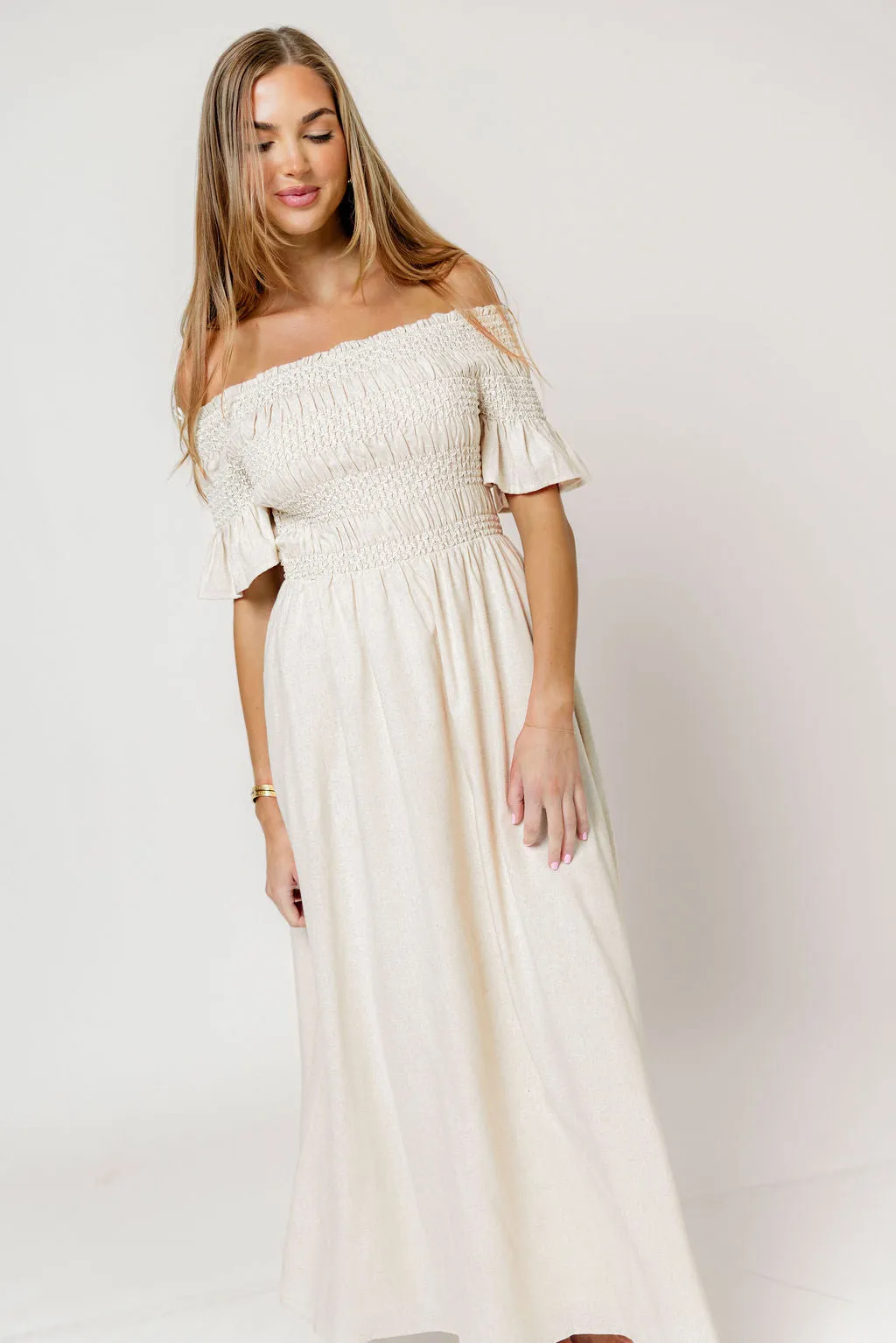 Santorini Sunset Off Shoulder Maxi Dress in Oatmeal sold by Worth Collective product image thumbnail 4