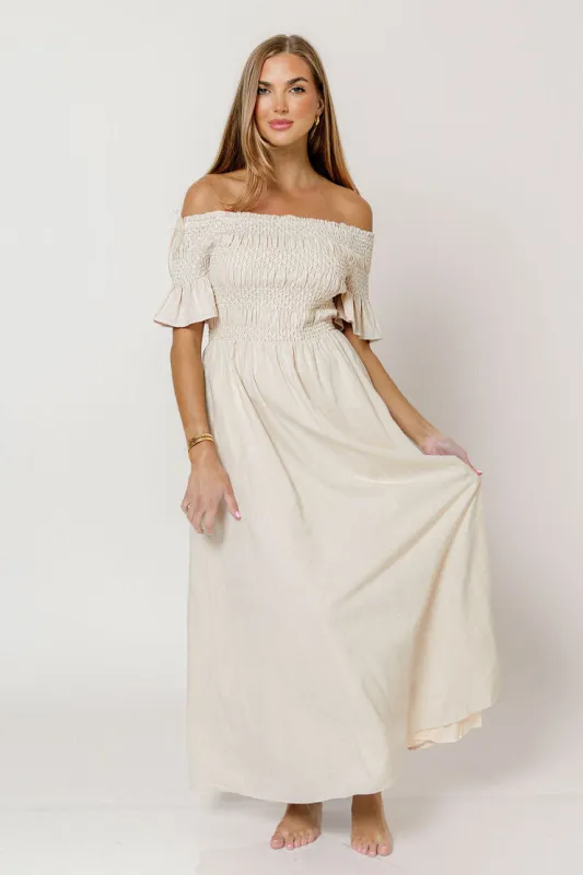 Santorini Sunset Off Shoulder Maxi Dress in Oatmeal made by In February
