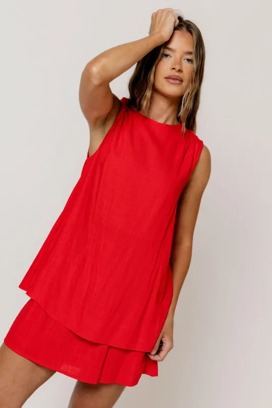 Serenity Linen Layered Twisted Shoulder Detail Mini Dress in Red made by Klesis