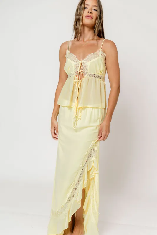 Kristian Lace Trim Front Tie Top and Side Split Maxi Skirt Set in Lemon made by Worth Collective