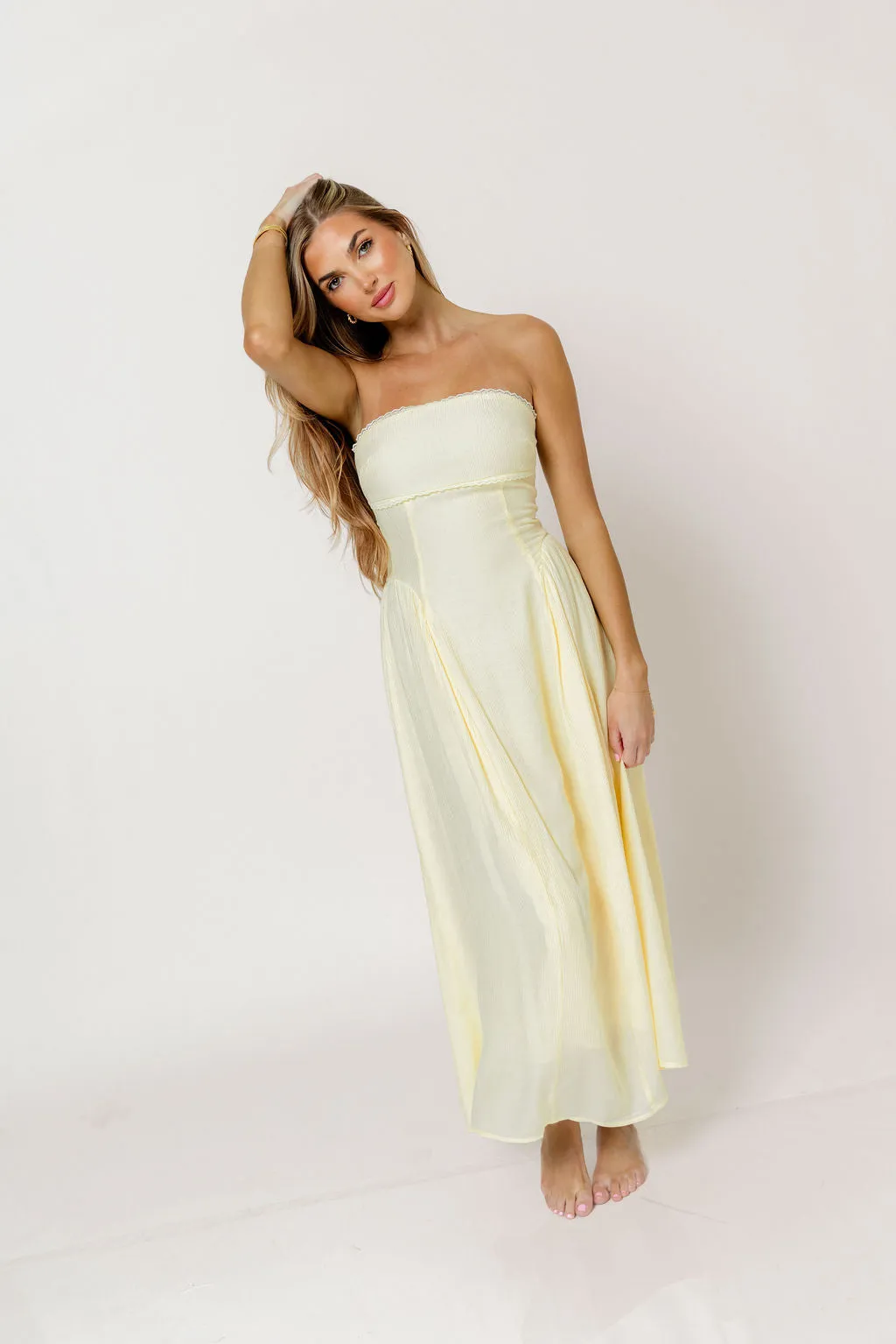 Alani Lace Trim Strapless Midi Dress in Butter Yellow sold by Worth Collective product image thumbnail 3