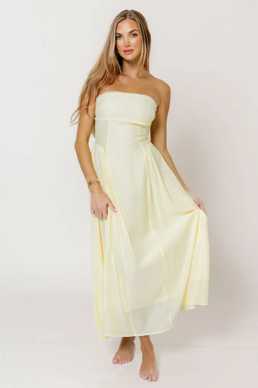 Alani Lace Trim Strapless Midi Dress in Butter Yellow made by Blu Pepper