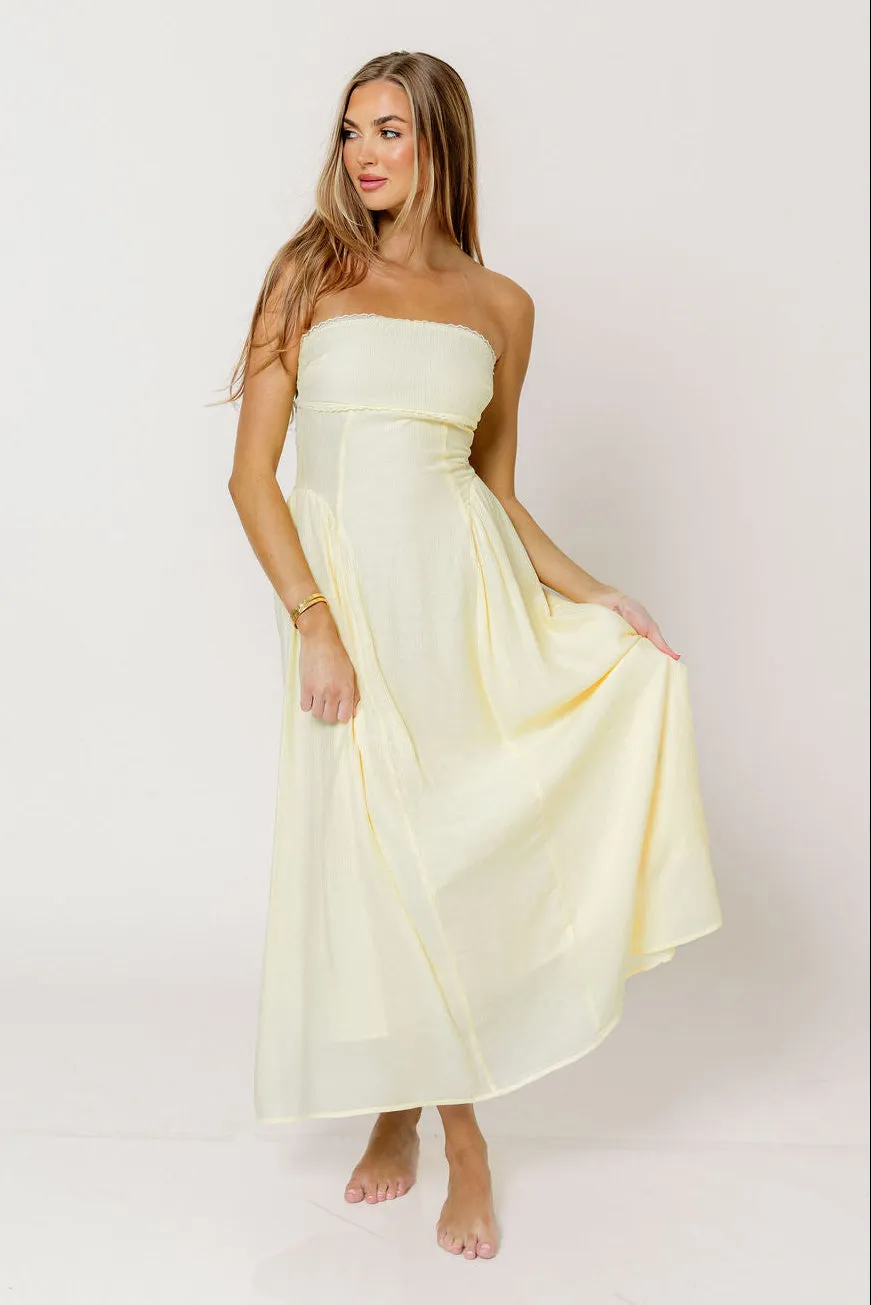 Alani Lace Trim Strapless Midi Dress in Butter Yellow sold by Worth Collective product image thumbnail 2
