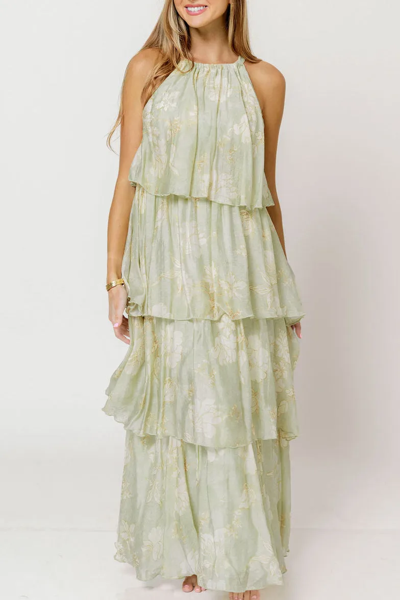 Cathy Floral Print Self Tie Halter Ruffle Tiered Maxi Dress in Sage sold by Worth Collective product image thumbnail 2