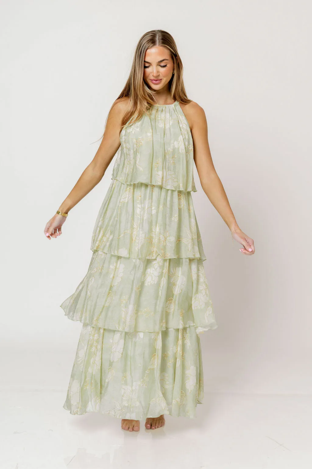 Cathy Floral Print Self Tie Halter Ruffle Tiered Maxi Dress in Sage sold by Worth Collective product image thumbnail 3