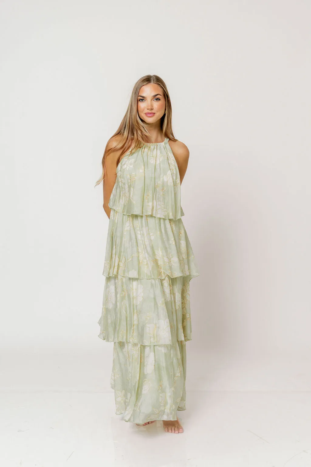 Cathy Floral Print Self Tie Halter Ruffle Tiered Maxi Dress in Sage sold by Worth Collective product image thumbnail 5