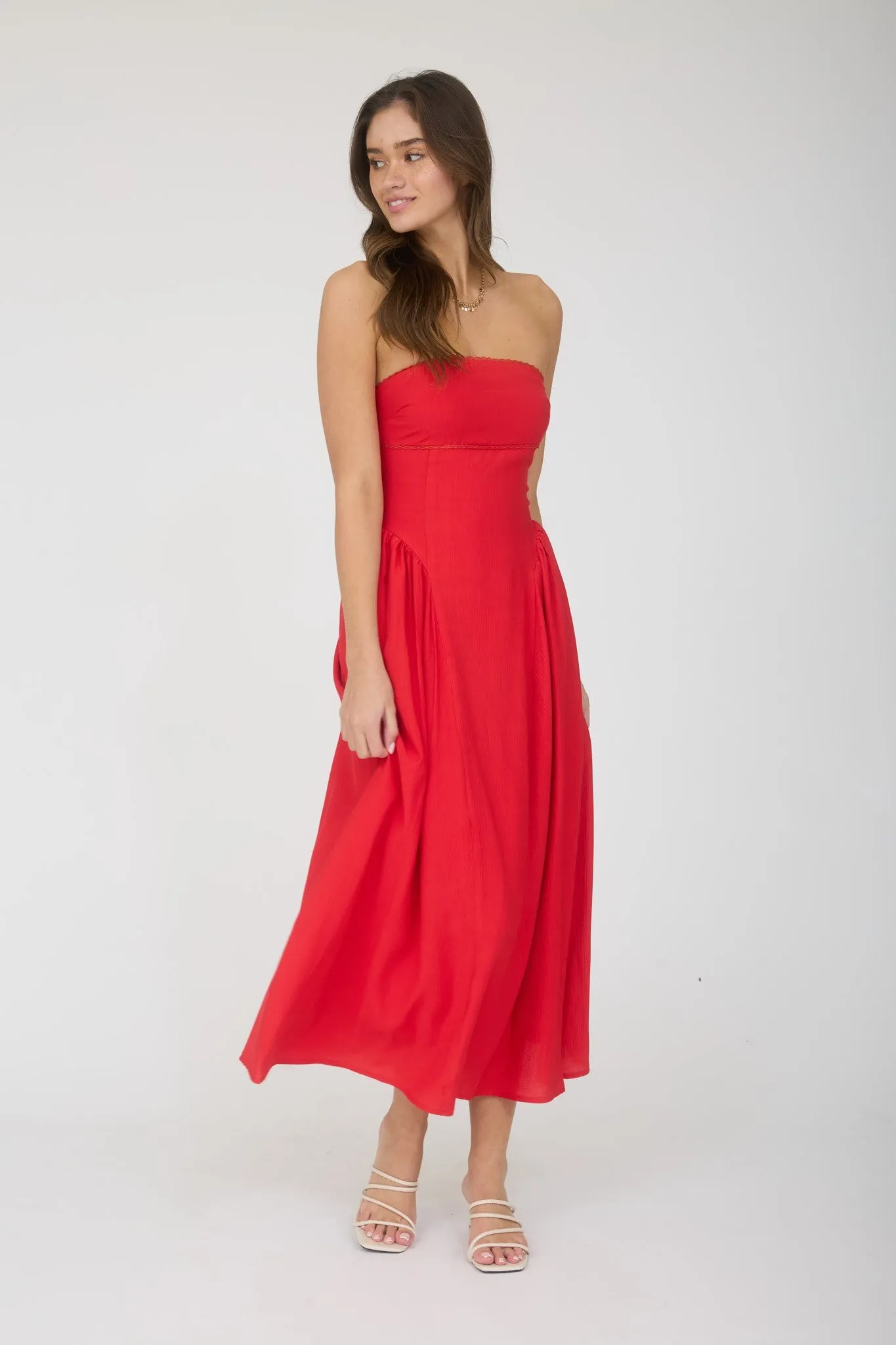 Alani Lace Trim Strapless Midi Dress in Red sold by Worth Collective