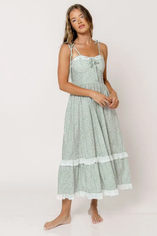 Felicia Lace Trim Floral Midi Dress in Sage made by MABLE