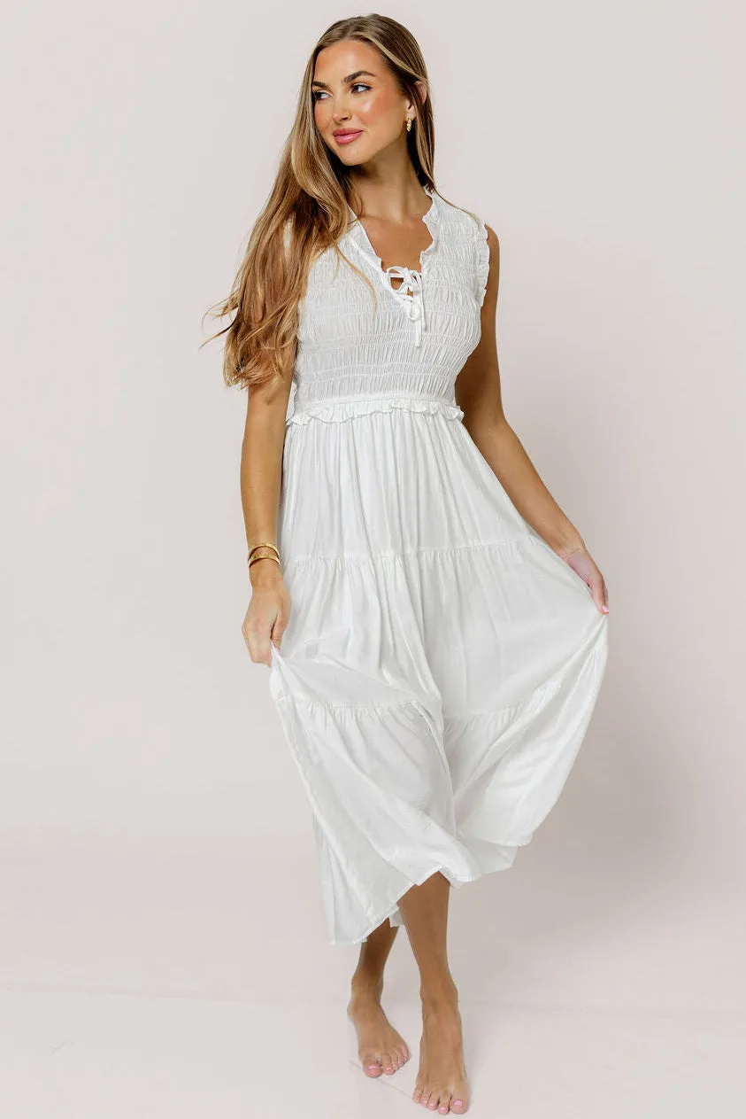 Meredith Smocked Midi Dress in Off White sold by Worth Collective