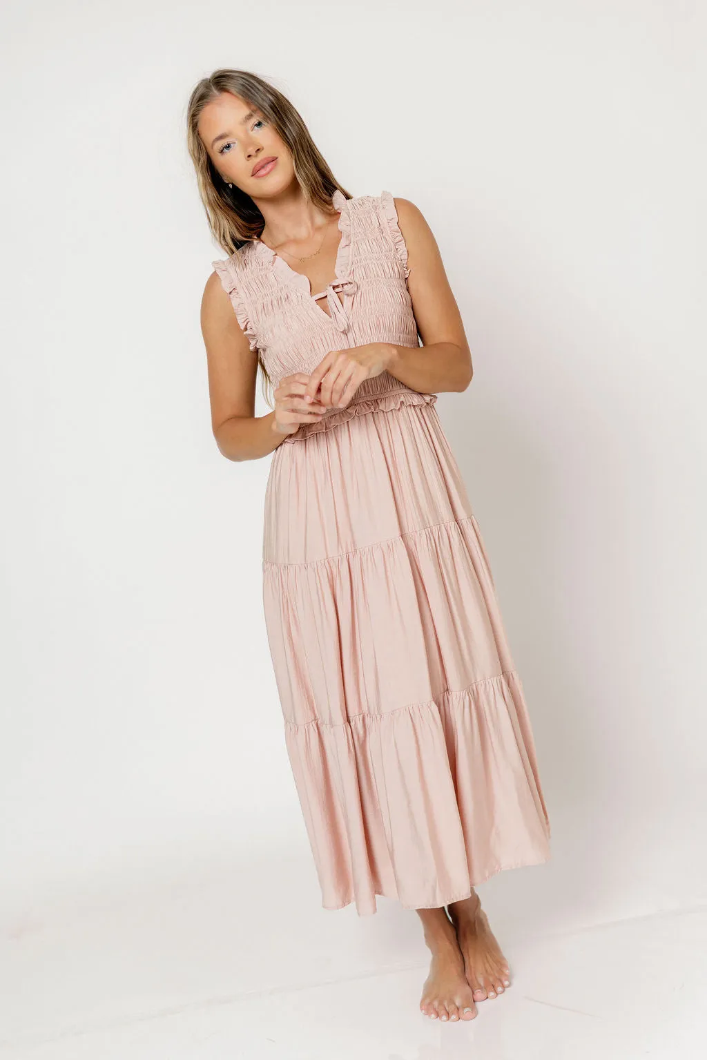 Meredith Smocked Midi Dress in Dusty Pink sold by Worth Collective product image thumbnail 5