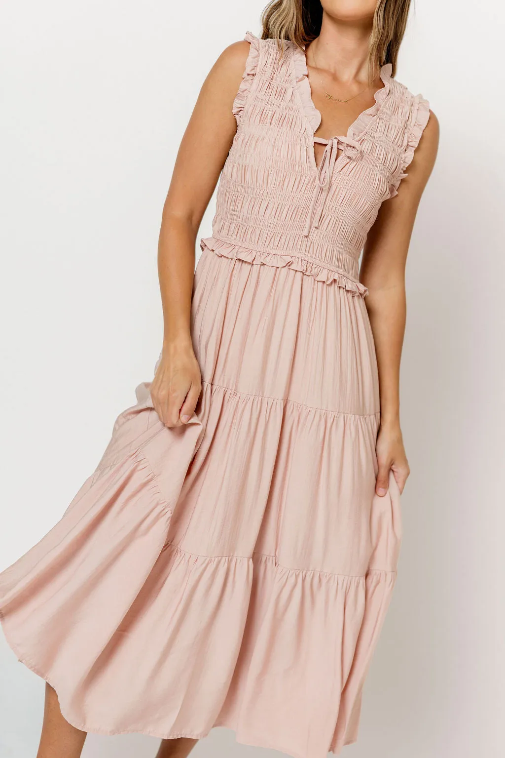 Meredith Smocked Midi Dress in Dusty Pink sold by Worth Collective product image thumbnail 3