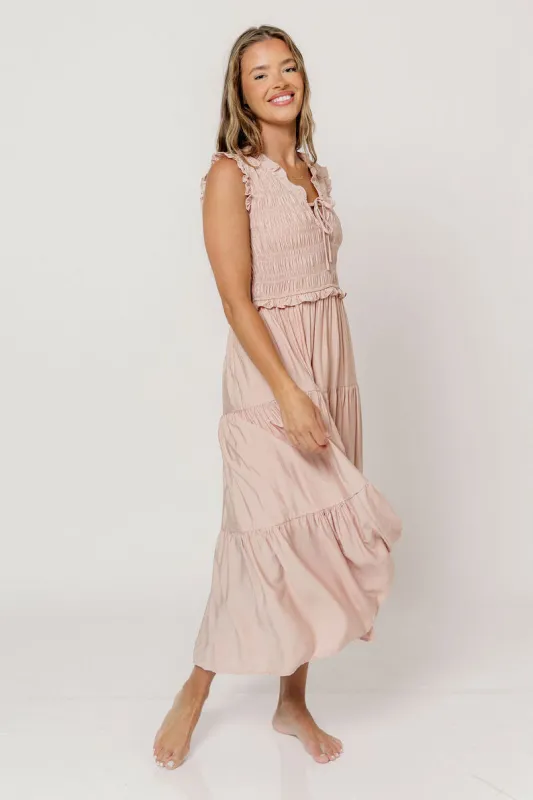 Meredith Smocked Midi Dress in Dusty Pink made by Blu Pepper