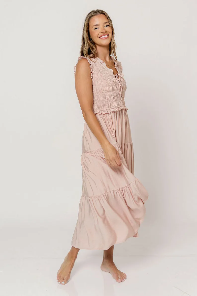 Meredith Smocked Midi Dress in Dusty Pink sold by Worth Collective