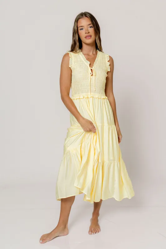 Meredith Smocked Midi Dress in Butter Yellow made by Blu Pepper