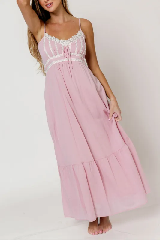 Faye 100% Cotton Lace Detail Maxi Dress in Dusty Pink made by Inloom