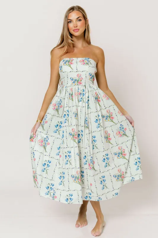 Kit Strapless Flare Floral Midi Dress in Multi made by Klesis