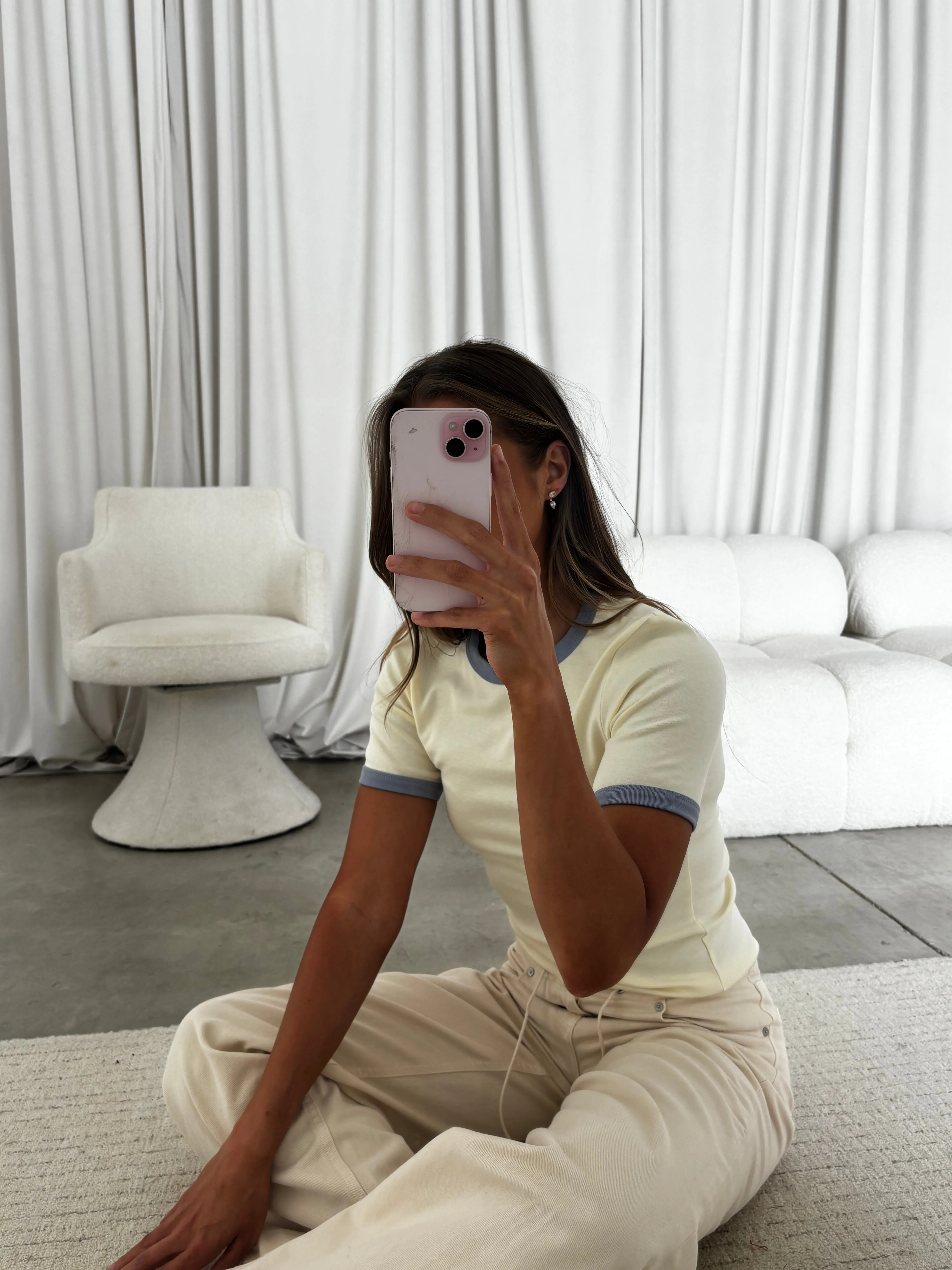 Andrea Contrast Trim Crewneck Tee in Cream/Blue sold by Worth Collective product image thumbnail 4