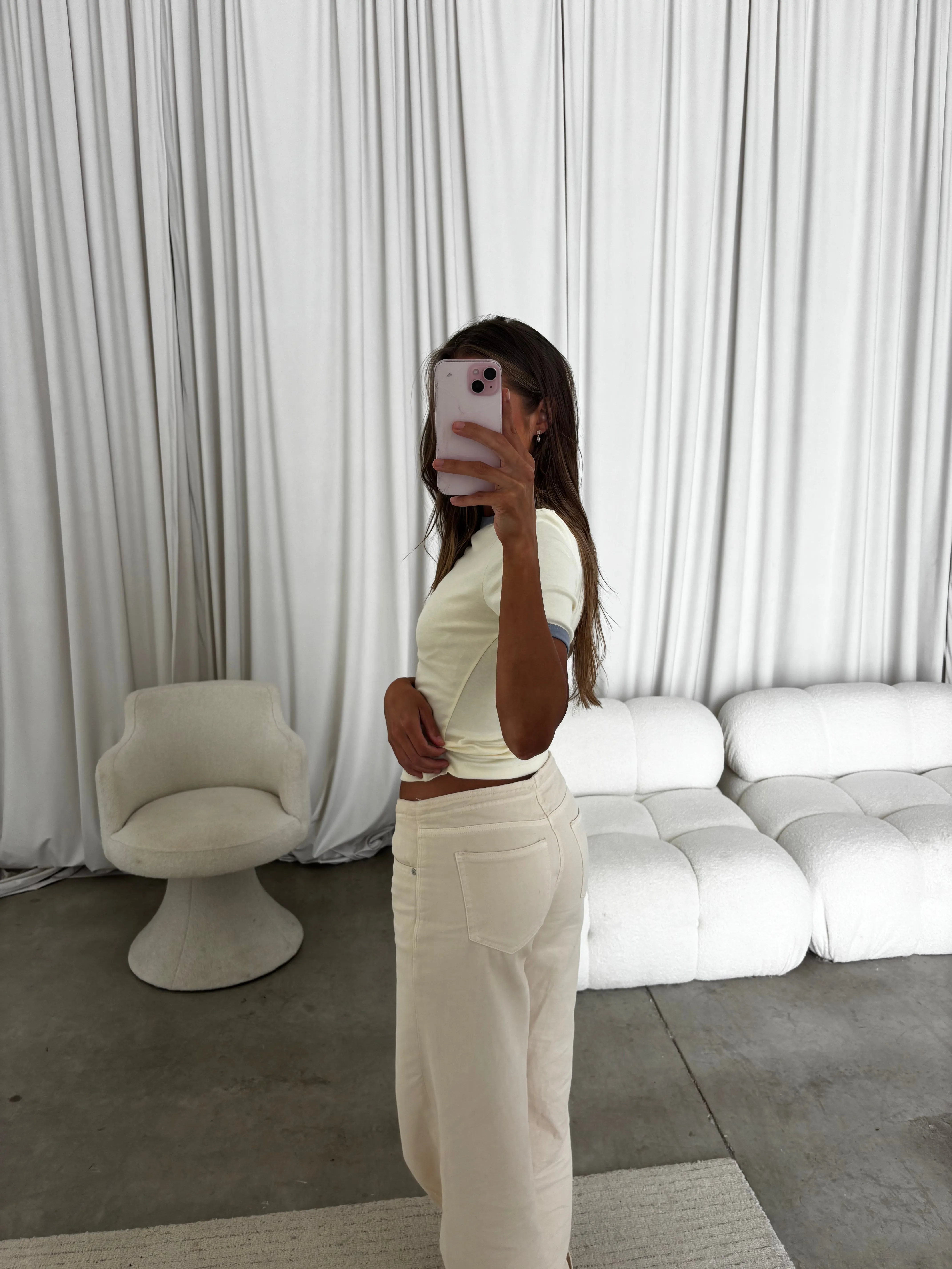 Andrea Contrast Trim Crewneck Tee in Cream/Blue sold by Worth Collective product image thumbnail 5