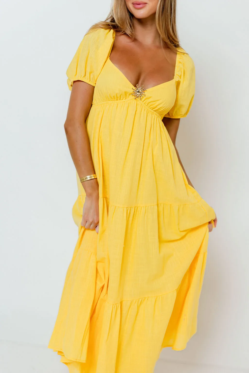 Vickie Tiered Maxi Dress in Yellow sold by Worth Collective