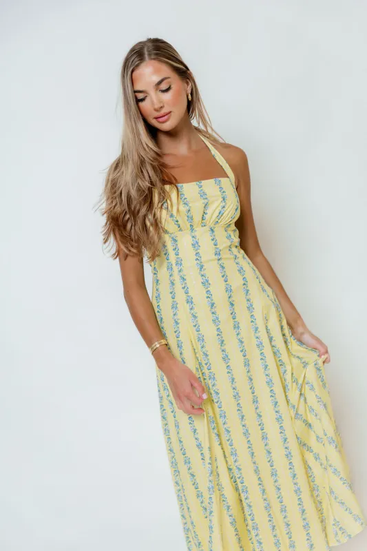 Dahlia Floral Striped Midi Dress in Yellow/Light Blue made by Lalavon