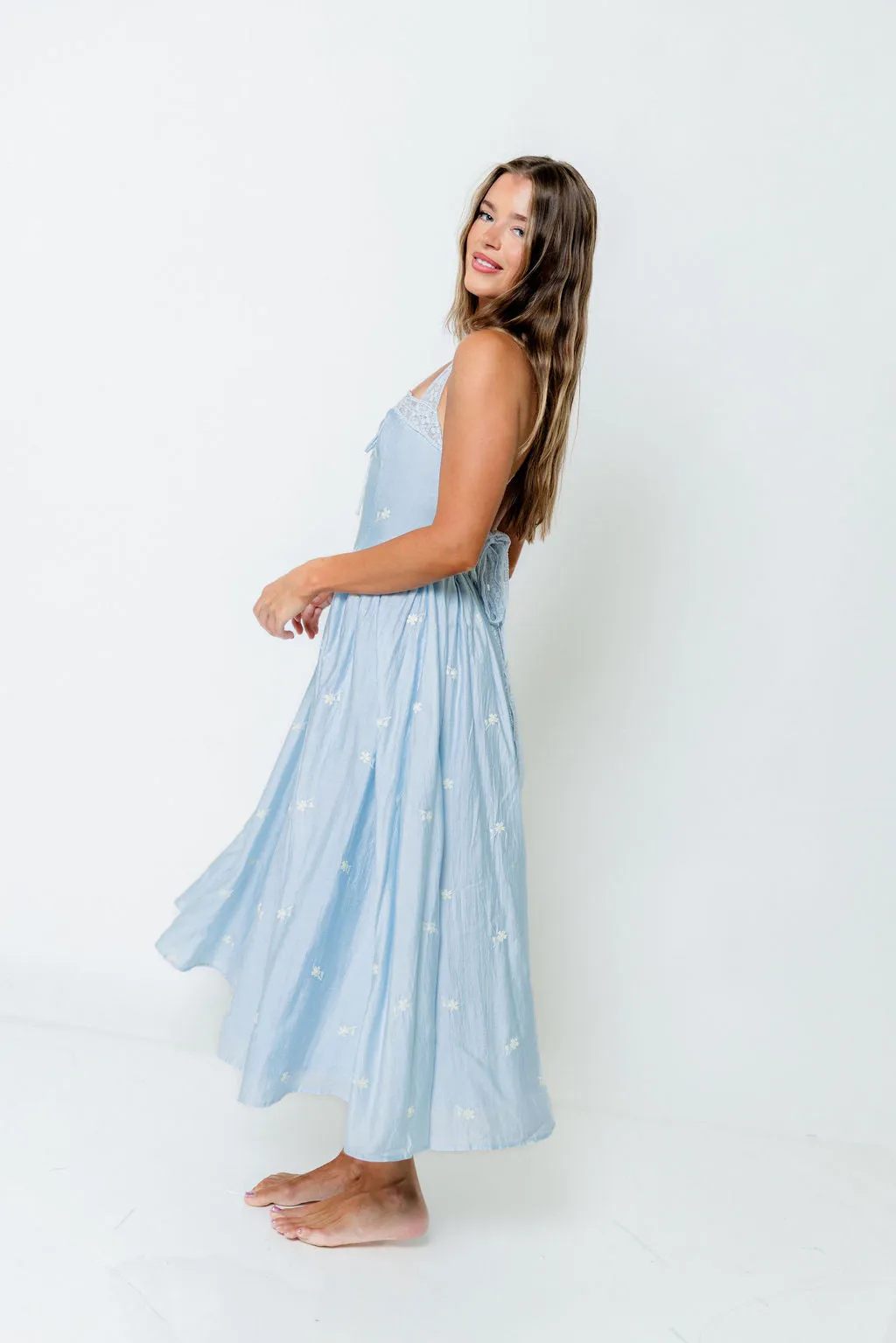 Lilibet Embroidered Lace Trim Midi Dress in Blue *Final Sale* sold by Worth Collective product image thumbnail 3