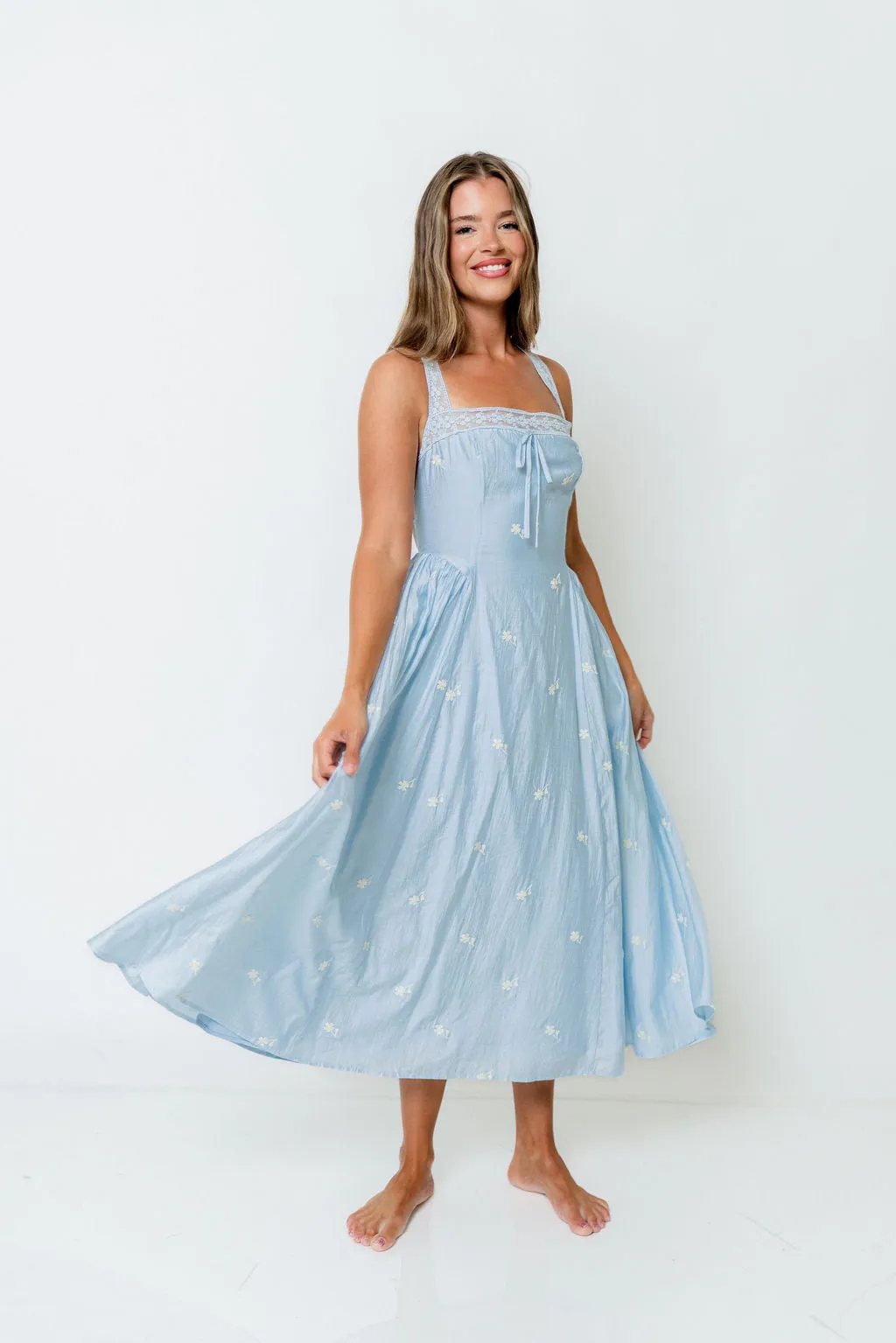 Lilibet Embroidered Lace Trim Midi Dress in Blue *Final Sale* sold by Worth Collective product image thumbnail 2