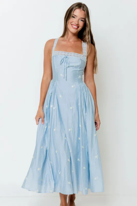Lilibet Embroidered Lace Trim Midi Dress in Blue *Final Sale* made by MABLE