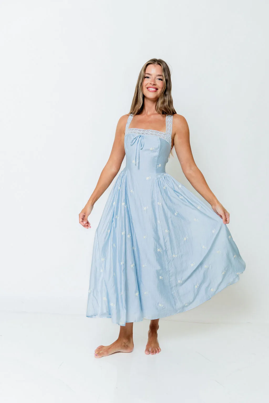 Lilibet Embroidered Lace Trim Midi Dress in Blue *Final Sale* sold by Worth Collective product image thumbnail 4