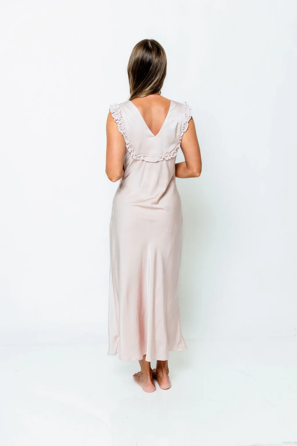 Scarlett Satin Ruffle Tie Midi Dress in Pink sold by Worth Collective product image thumbnail 3