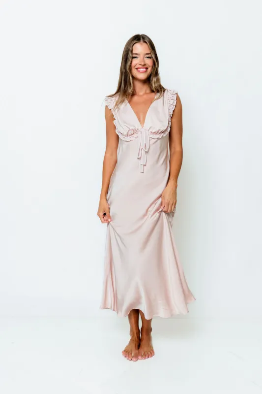Scarlett Satin Ruffle Tie Midi Dress in Pink made by Storia