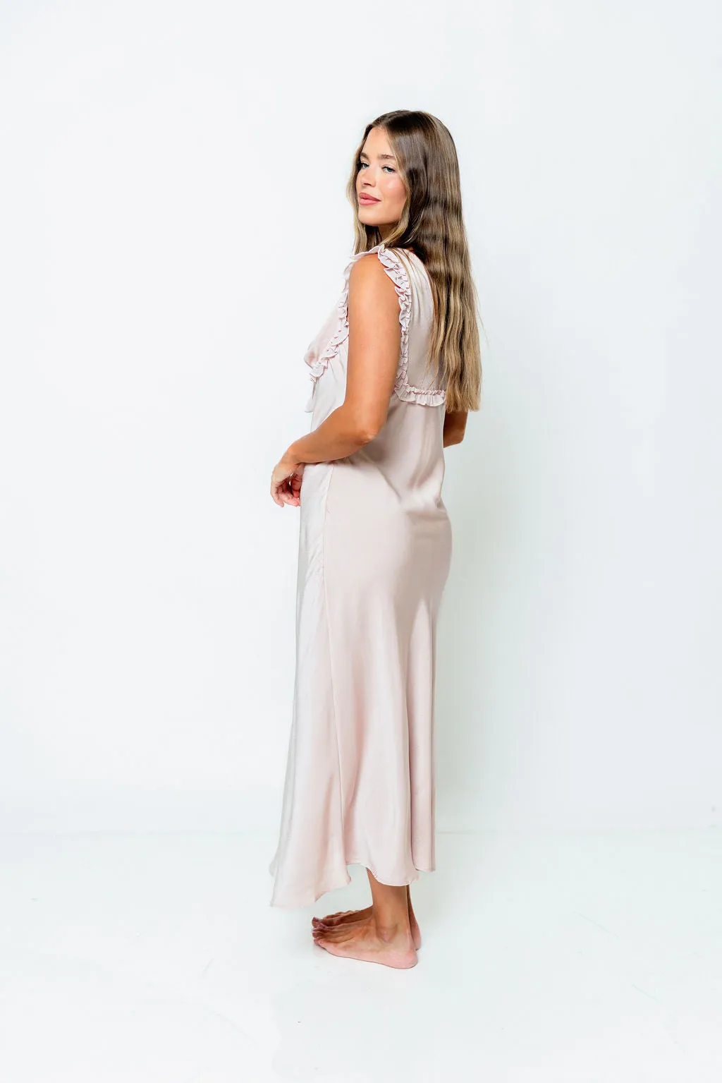 Scarlett Satin Ruffle Tie Midi Dress in Pink sold by Worth Collective product image thumbnail 2