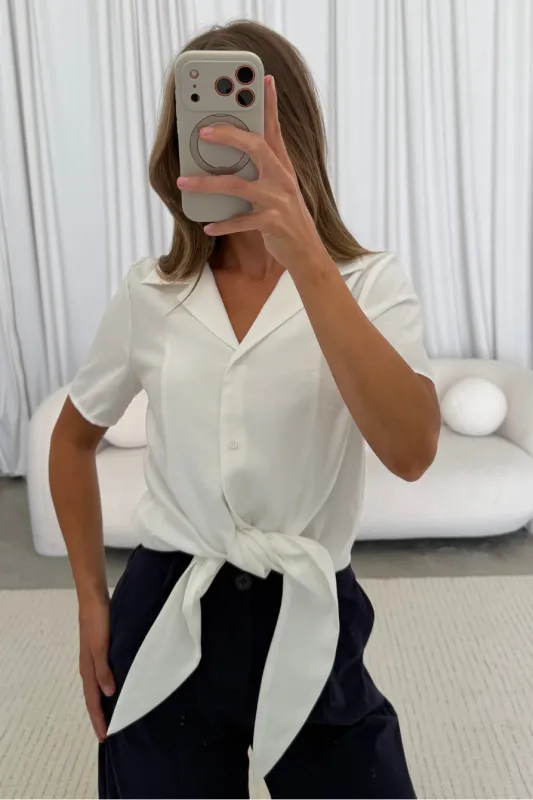 Birdie Front Tie Blouse in White made by Crescent