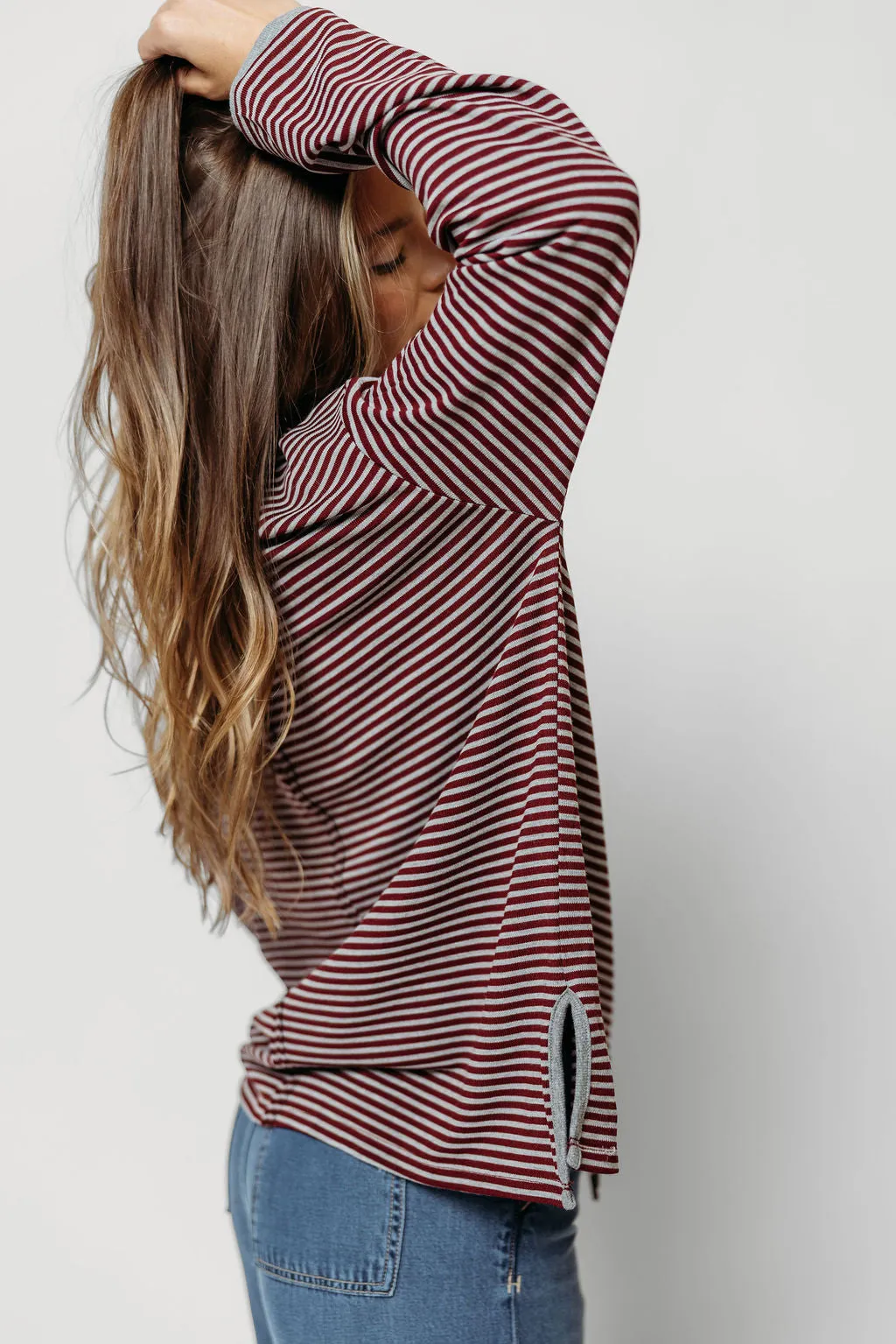 Vernon Long Sleeve Striped Top in Burgundy/Heather Grey sold by Worth Collective product image thumbnail 5