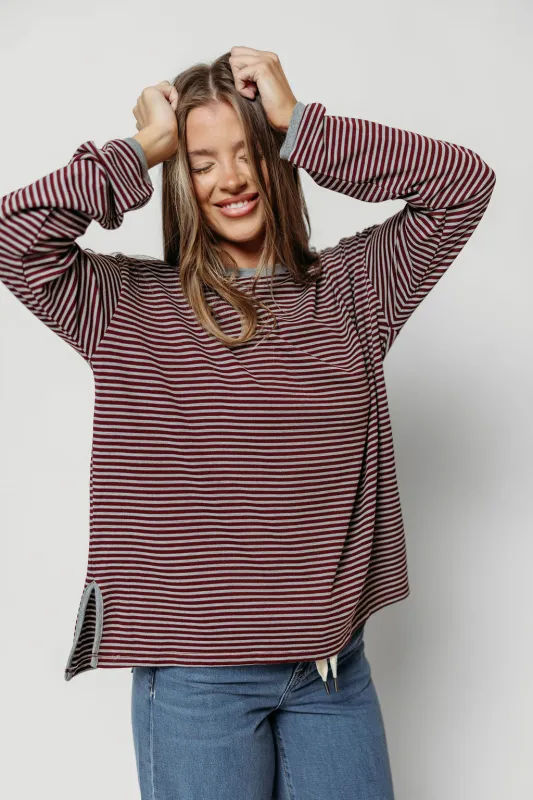 Vernon Long Sleeve Striped Top in Burgundy/Heather Grey made by Wishlist