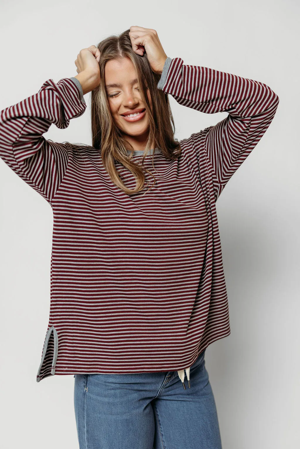 Vernon Long Sleeve Striped Top in Burgundy/Heather Grey sold by Worth Collective