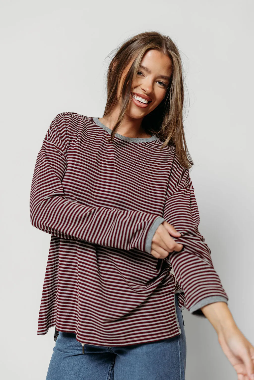 Vernon Long Sleeve Striped Top in Burgundy/Heather Grey sold by Worth Collective product image thumbnail 2