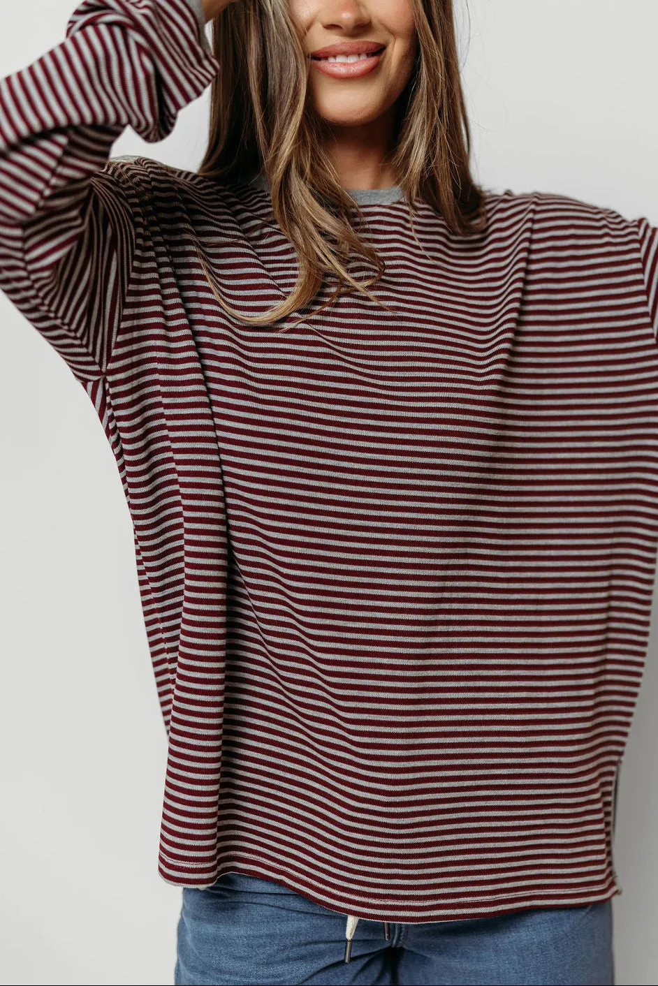 Vernon Long Sleeve Striped Top in Burgundy/Heather Grey sold by Worth Collective product image thumbnail 3