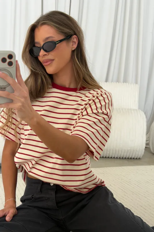 Hallie Striped Tee in Natural/Red made by By Together