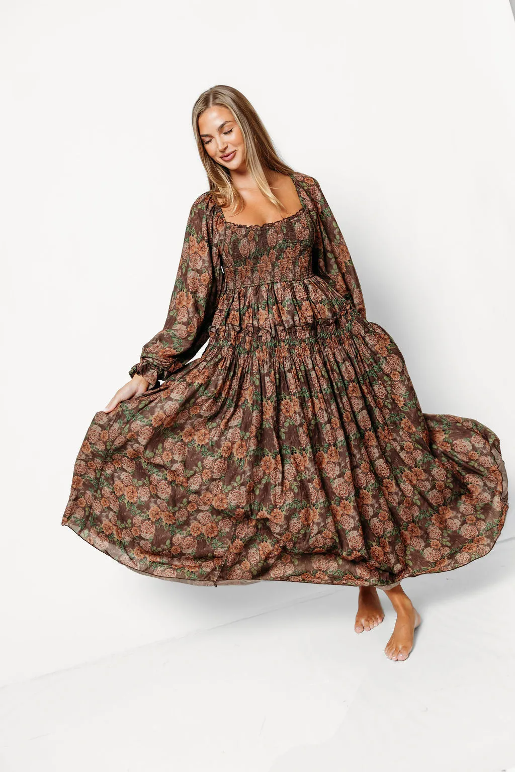 Blaine Smocked Floral Maxi Dress in Brown - Bump Friendly sold by Worth Collective product image thumbnail 3