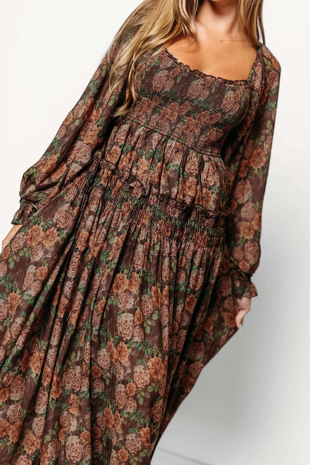 Blaine Smocked Floral Maxi Dress in Brown - Bump Friendly sold by Worth Collective product image thumbnail 2