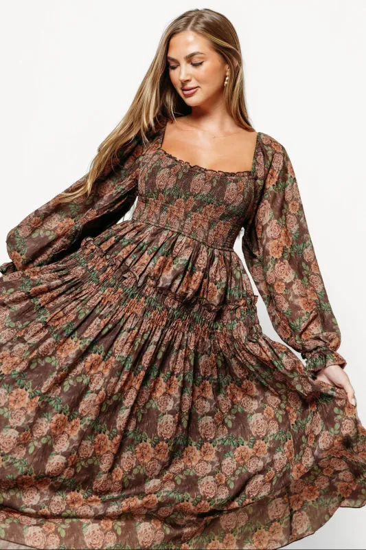 Blaine Smocked Floral Maxi Dress in Brown - Bump Friendly made by Promesa