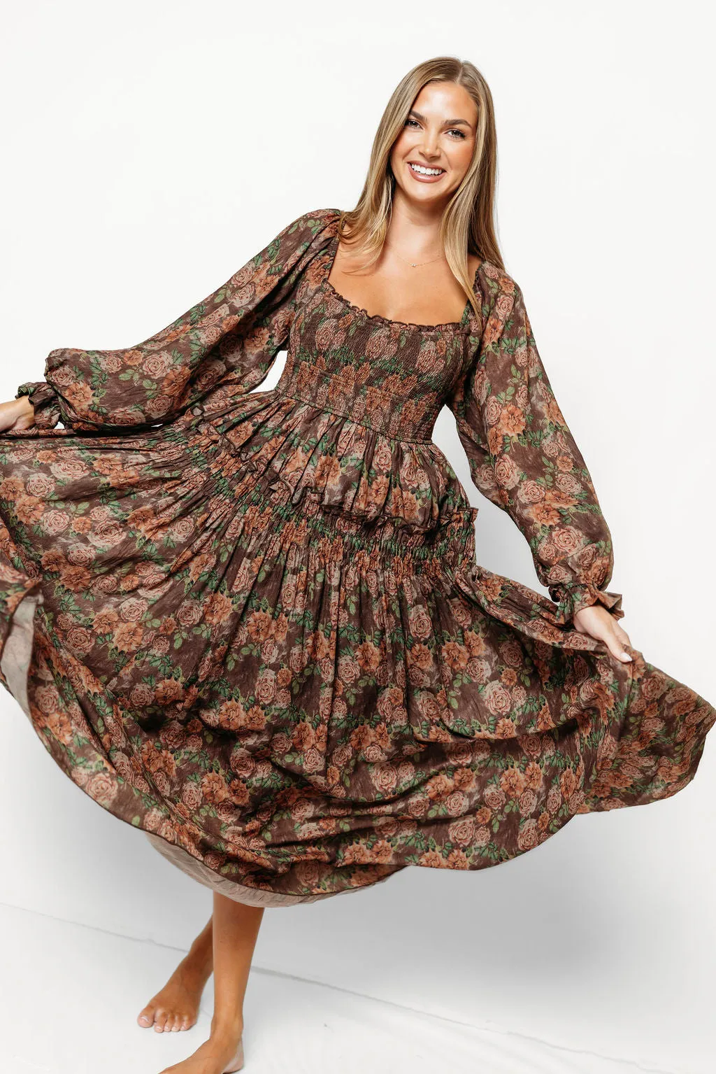 Blaine Smocked Floral Maxi Dress in Brown - Bump Friendly sold by Worth Collective product image thumbnail 4